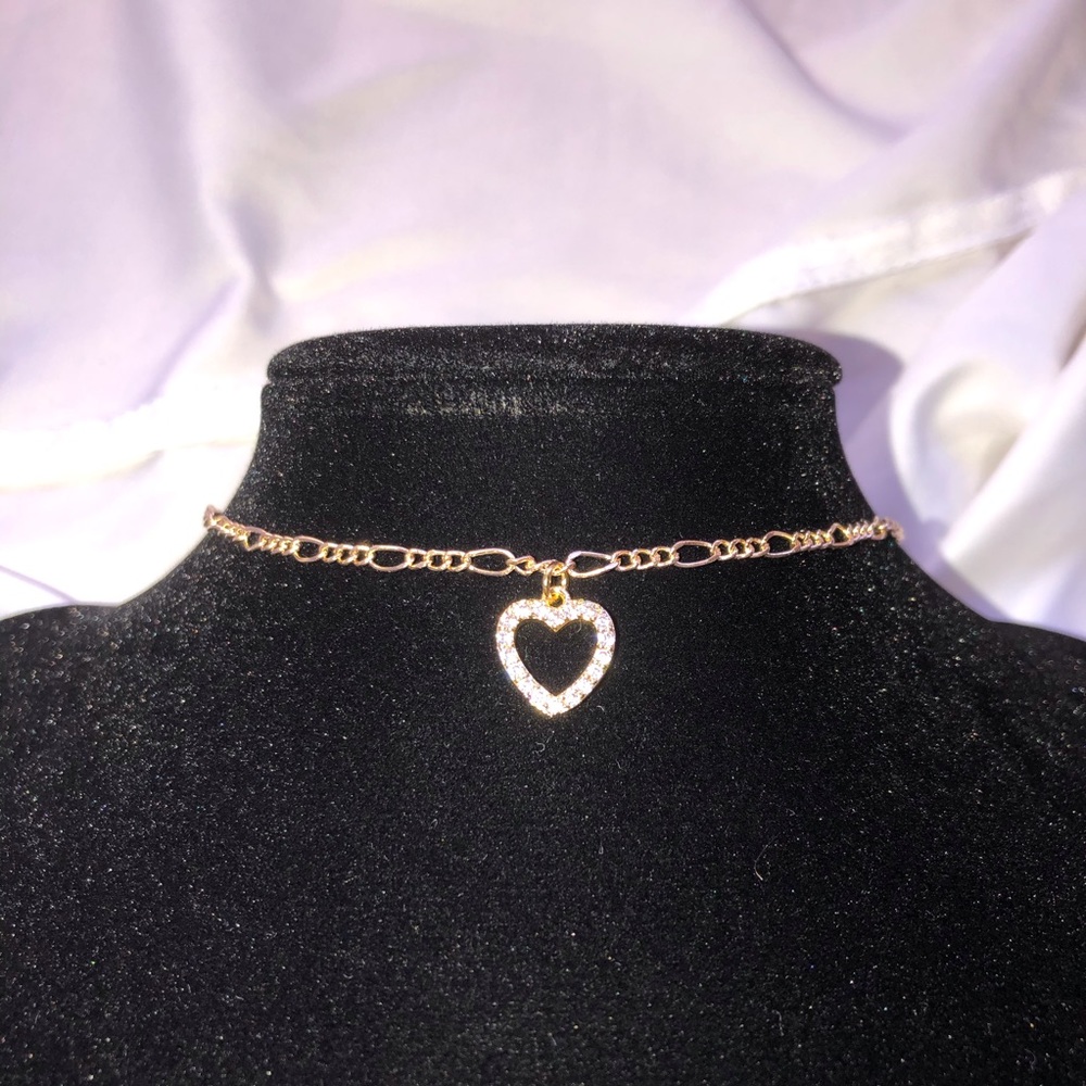 Gold Figaro CZ Heart Charm Choker/Necklace
